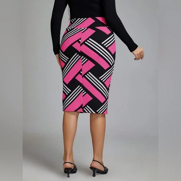SHEIN Curve size 3X Casi Pink Black Geometric Clasi High Waist Color Block Skirt - Picture 2 of 6